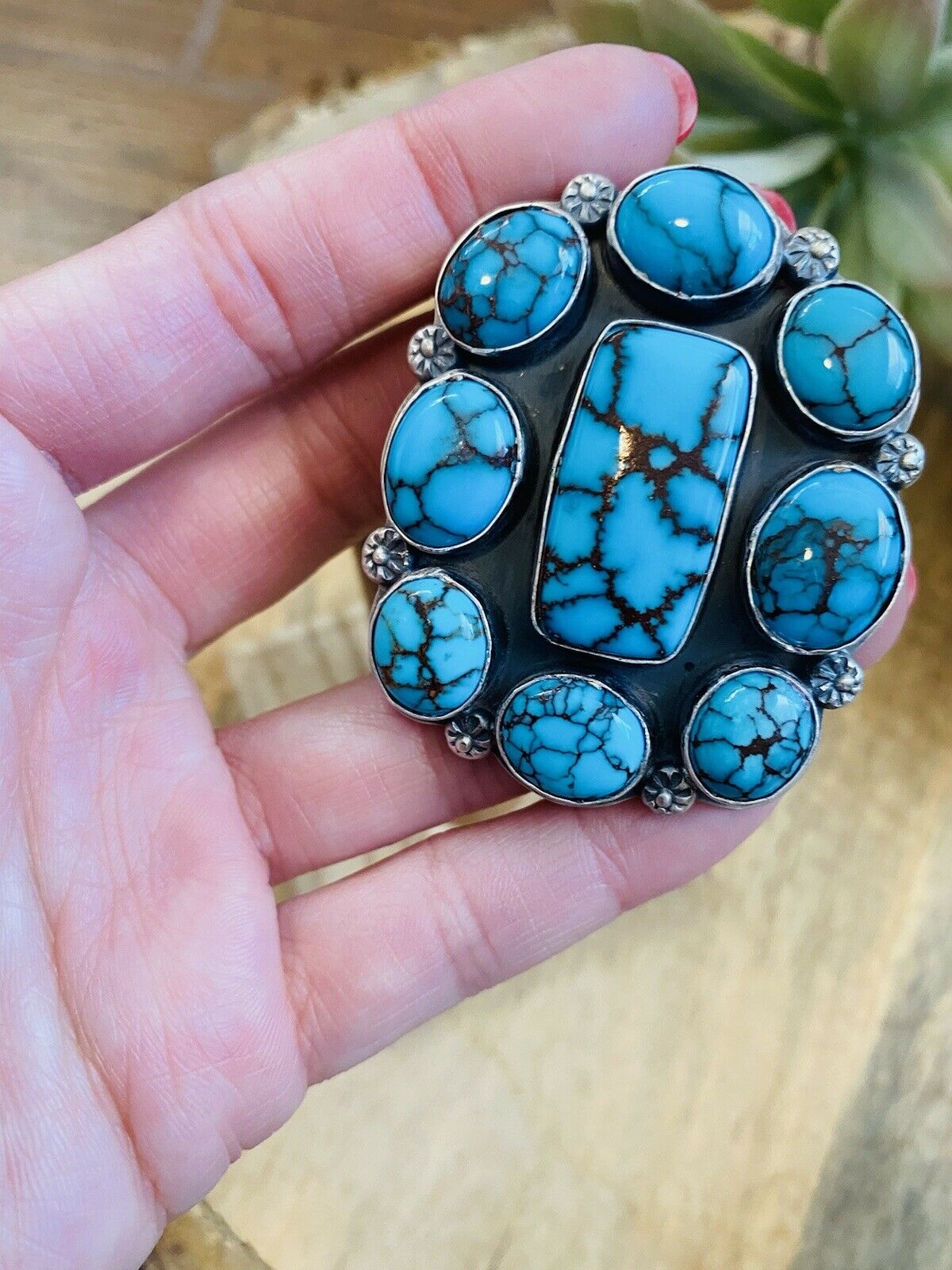 Handcrafted Kingman Turquoise & Sterling Silver Adjustable Ring Signed