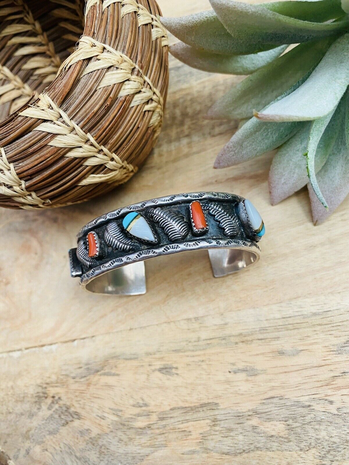 Handcrafted Vintage Multi Stone & Sterling Silver Cuff Bracelet /