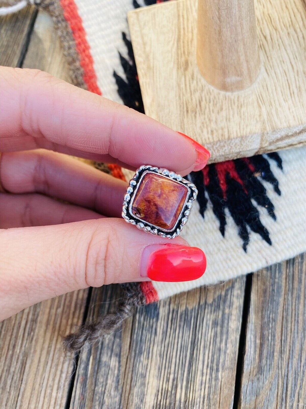 Handcrafted Sterling Silver & Orange Spiny Ring Size 6