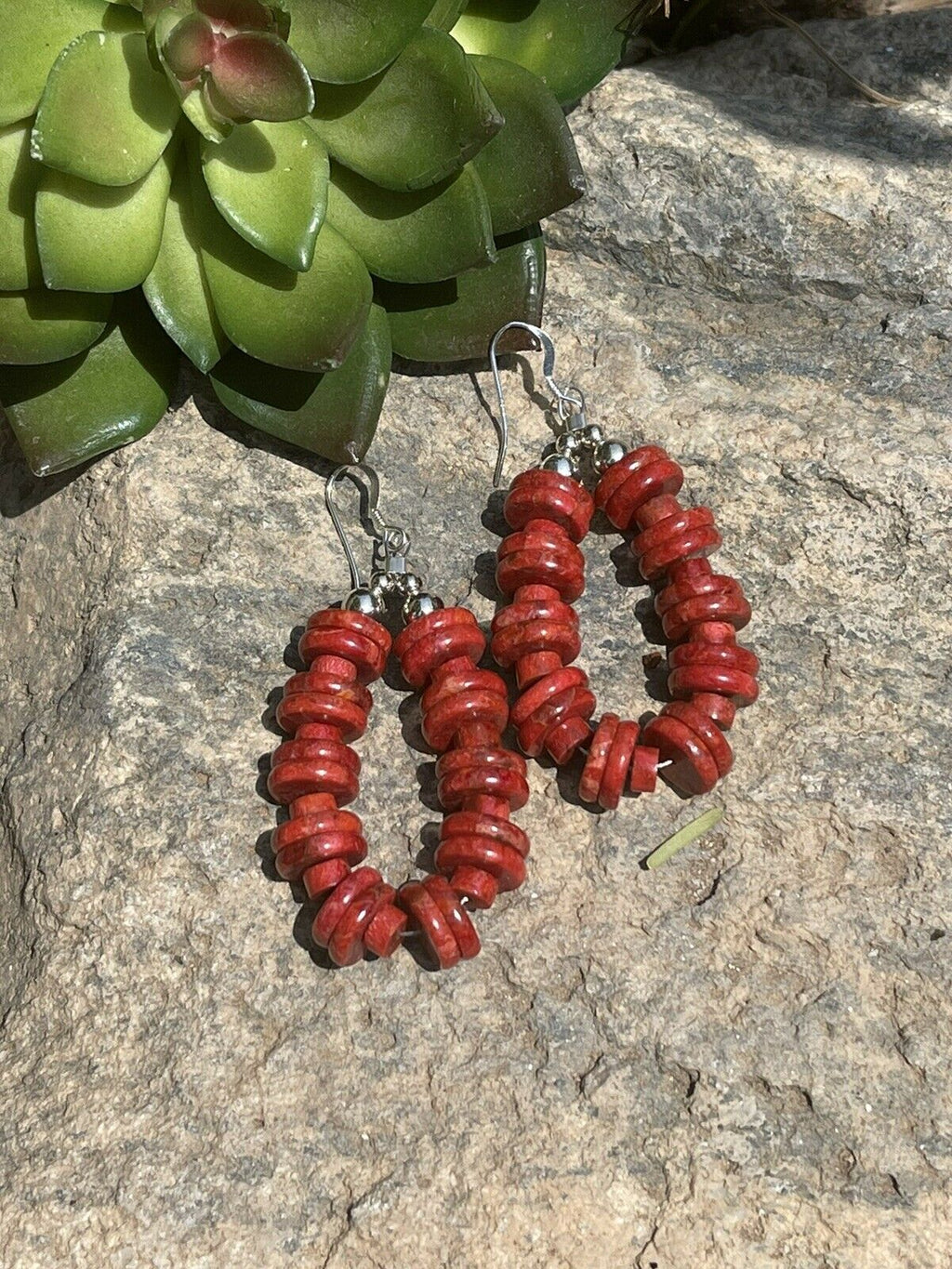 Handcrafted Sterling Silver Double Bead Apple Coral Dangle Hoop Earrings
