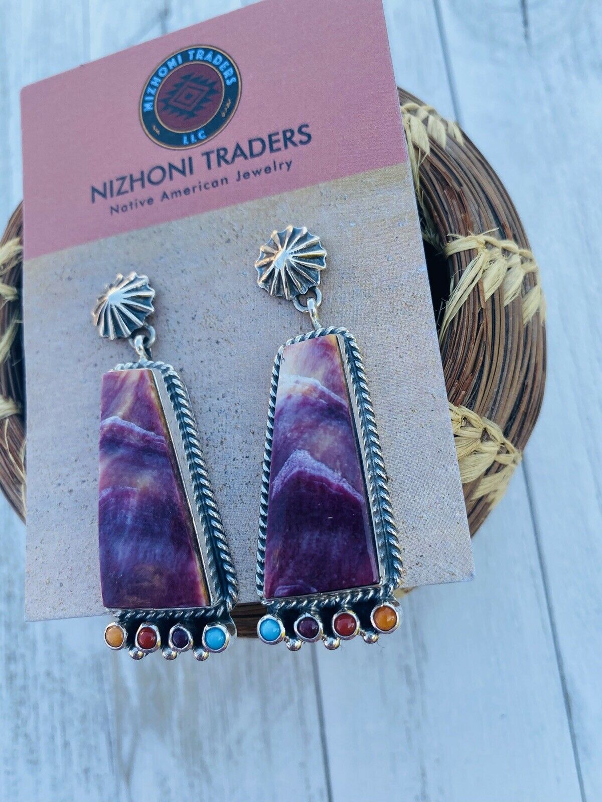 Handcrafted Sterling Silver, Purple Spiny & Turquoise Dangle Earrings Signed