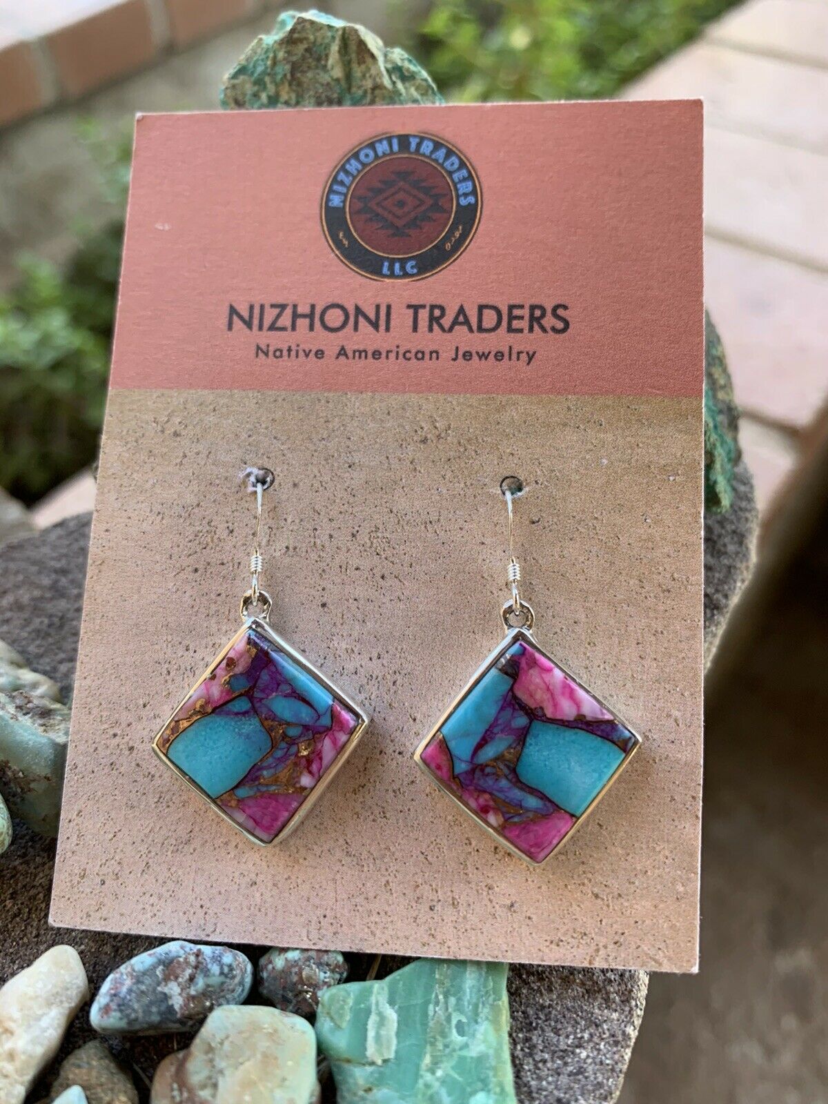 Handcrafted Pink Dream Mohave & Sterling Square Delight Dangle Earrings
