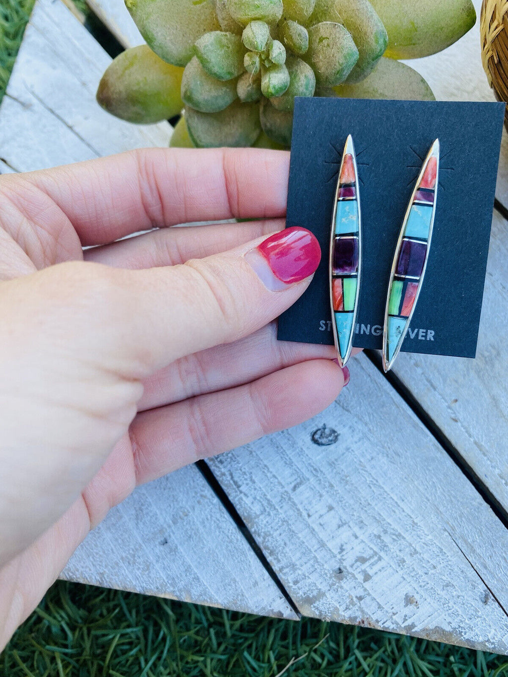 Handcrafted Multi Stone And Sterling Silver Inlay Dangle Earrings