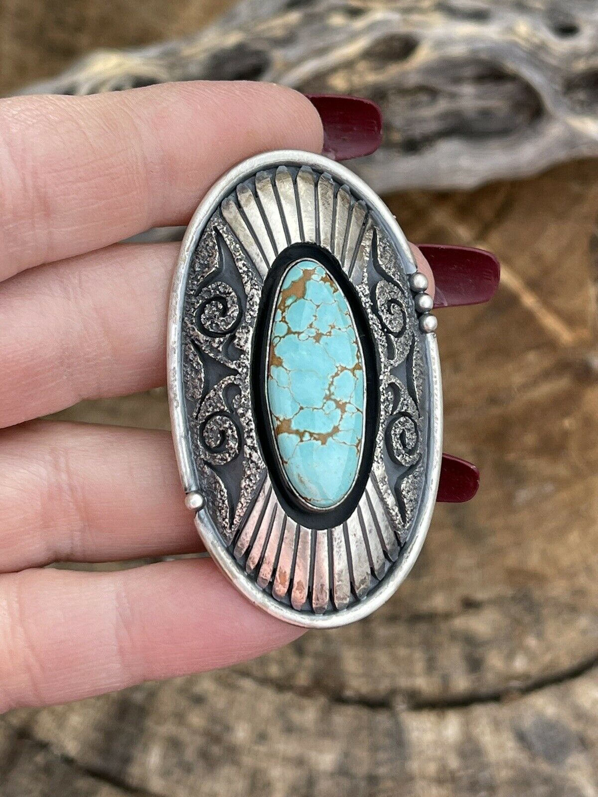 Handcrafted Number 8 Turquoise & Sterling Silver Statement Ring Size 8.5 Signed