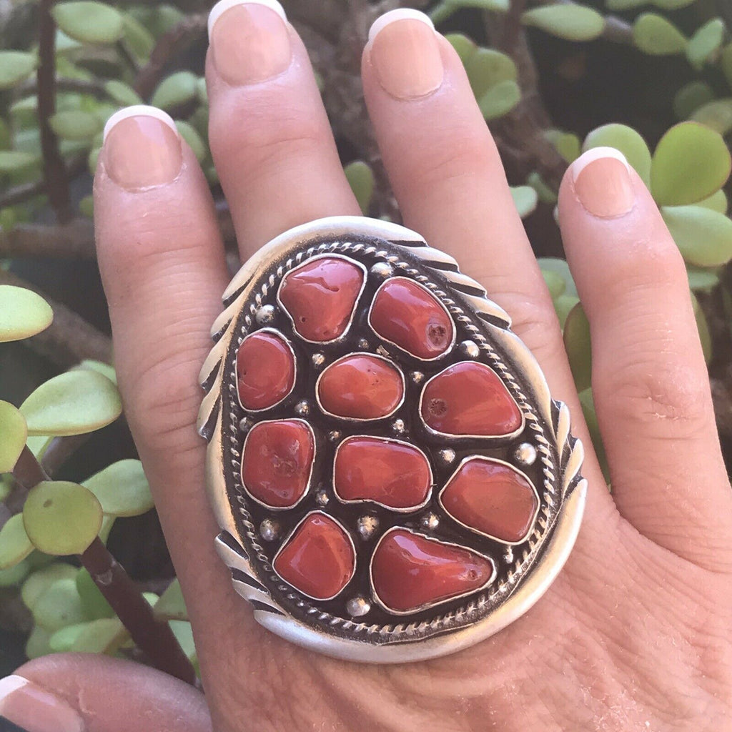 Handcrafted Sterling Silver Natural Red Coral Ring Sz 7