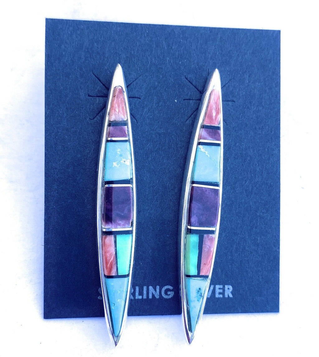 Handcrafted Multi Stone And Sterling Silver Inlay Dangle Earrings