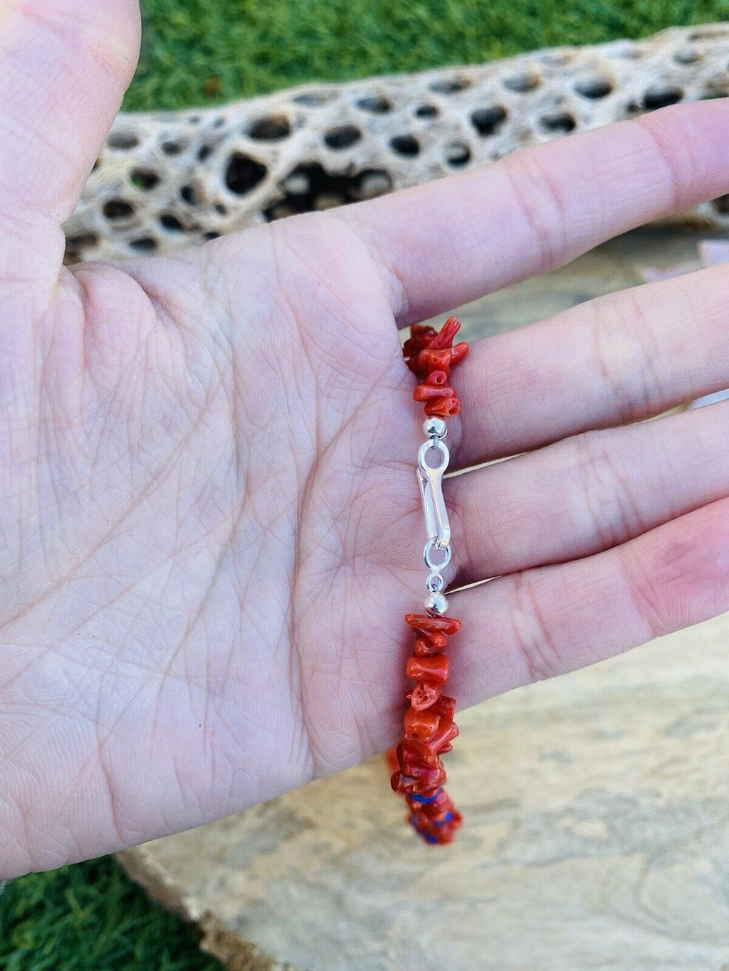 Handcrafted Apple Coral & Lapis Beaded Necklace 16"