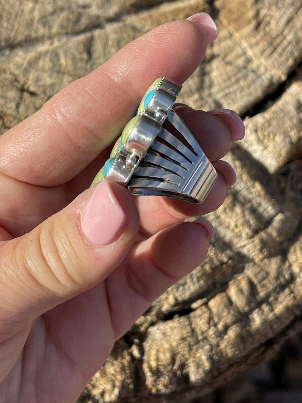 Handcrafted Sterling Sonoran Gold And Golden Hills Turquoise Cluster Ring Size 7