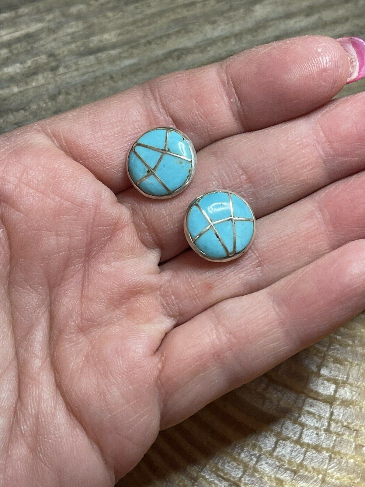 Handcrafted Sterling Silver & Turquoise Inlay Circle Post Earrings Signed K