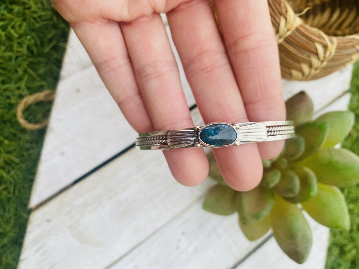 Handcrafted Sterling Silver & Royston Turquoise Stacker Cuff Bracelet Signed