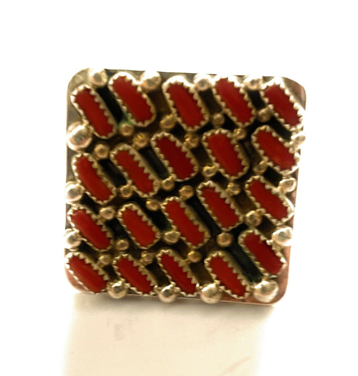 Handcrafted Sterling Silver Square Platform Red Coral Ring Sz 8