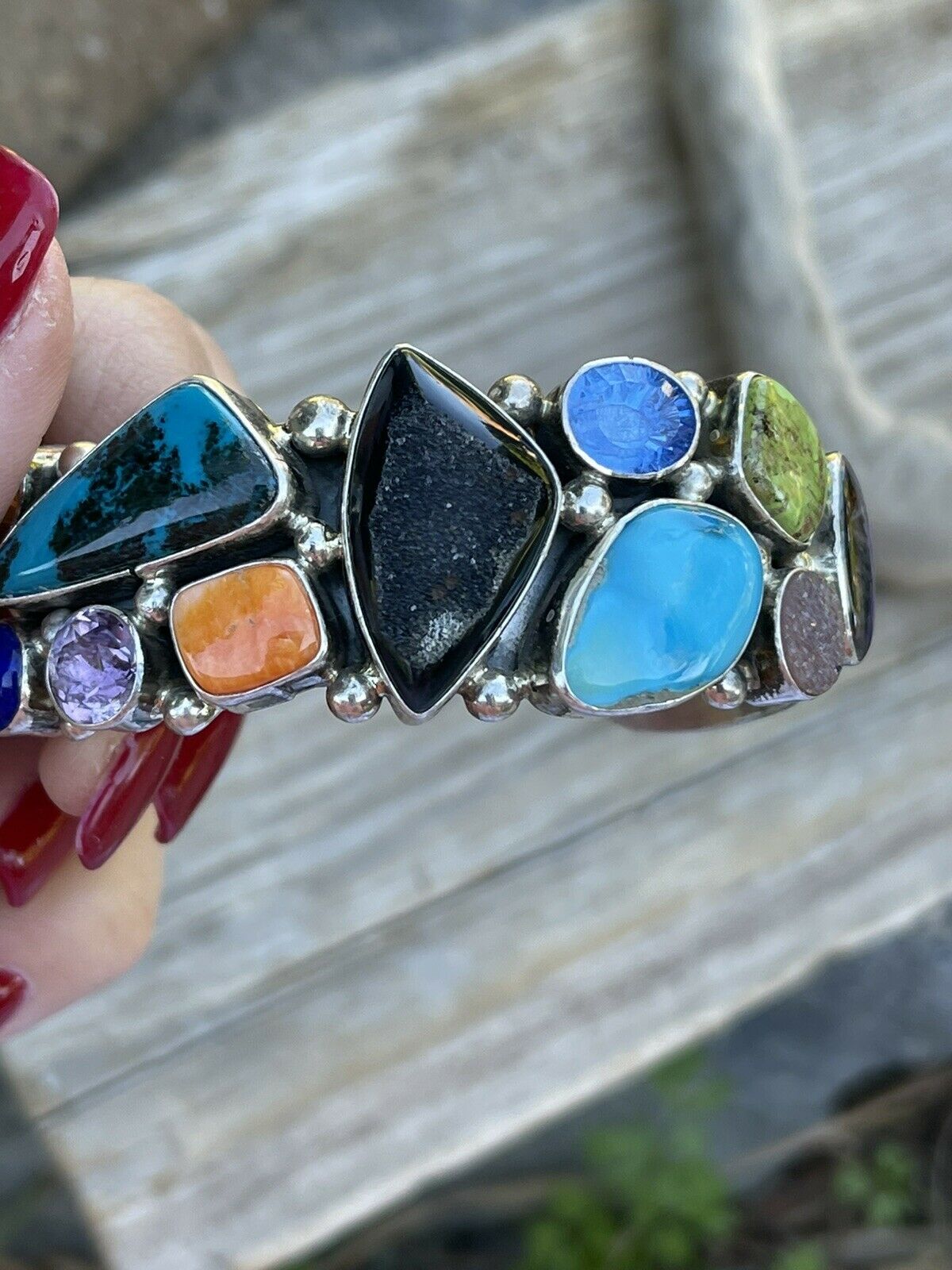 Handcrafted Multi Stone & Gem Sterling Silver Cuff Bracelet Signed