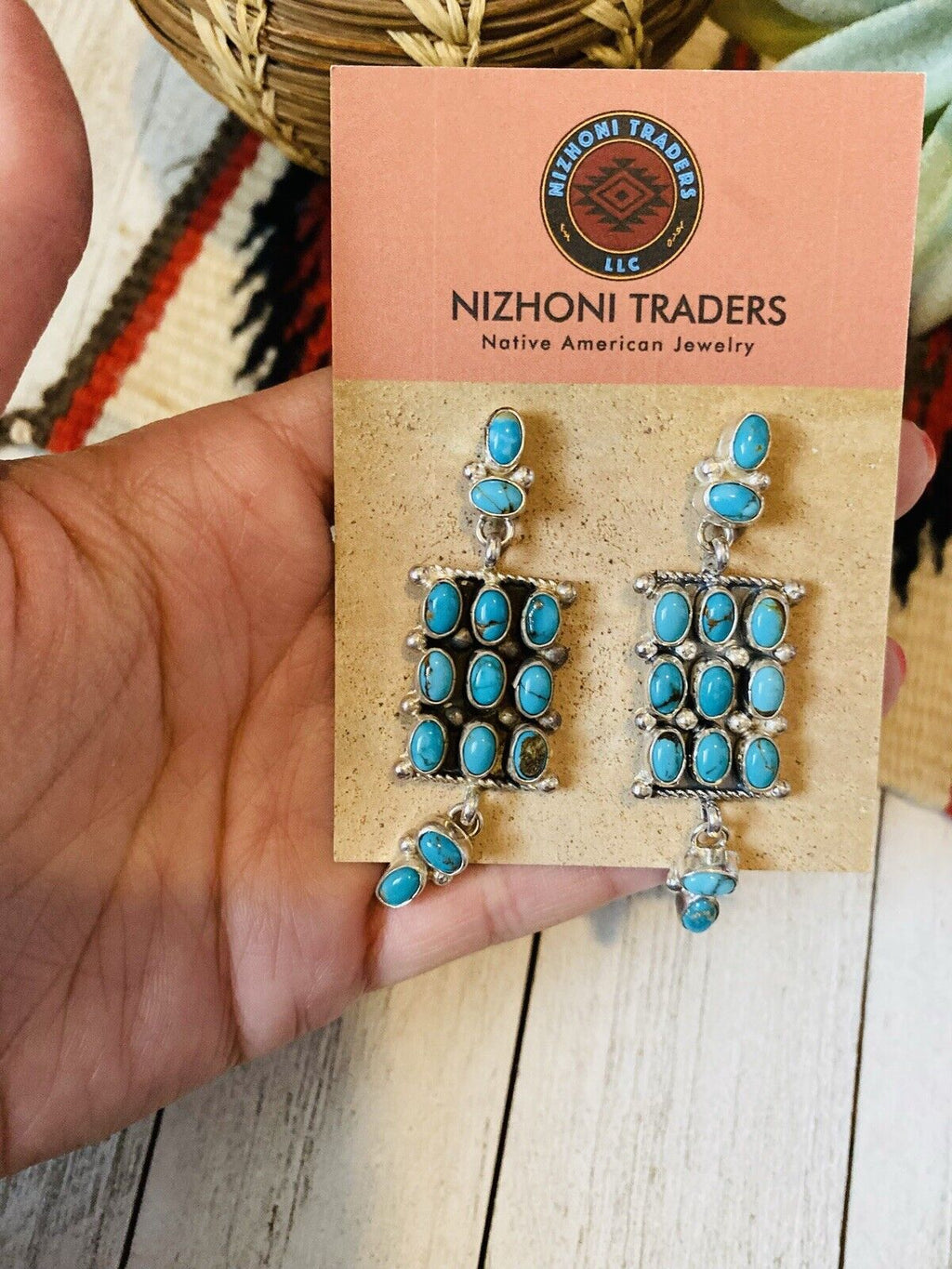 Handcrafted Turquoise & Sterling Silver Cluster Dangle Earrings Signed