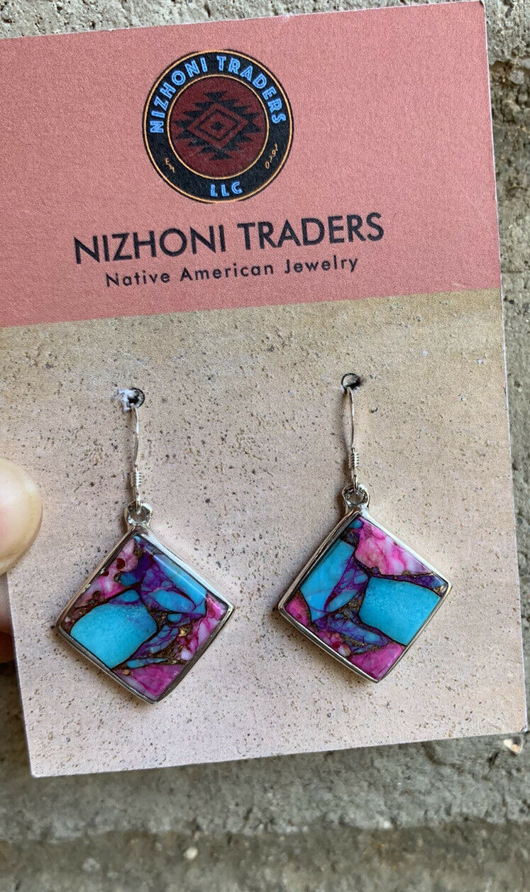 Handcrafted Pink Dream Mohave & Sterling Square Delight Dangle Earrings