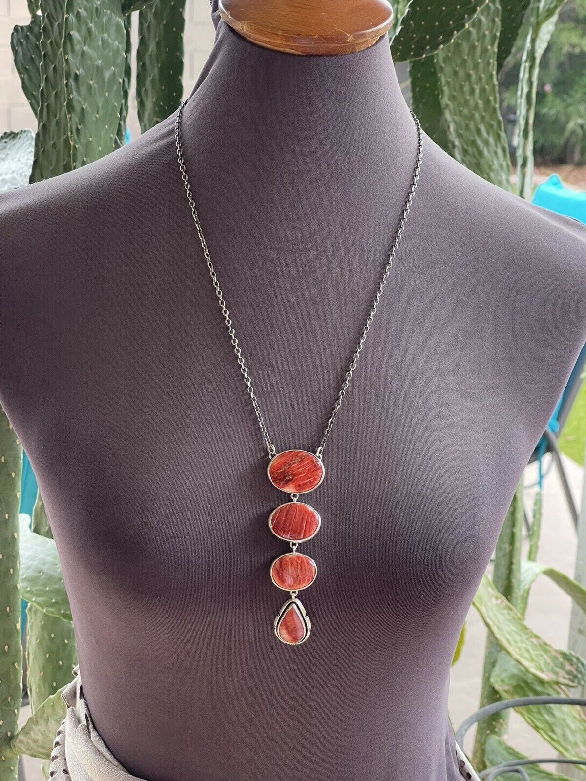 Handcrafted Orange Drop Spiny Sterling Silver Lariat Necklace