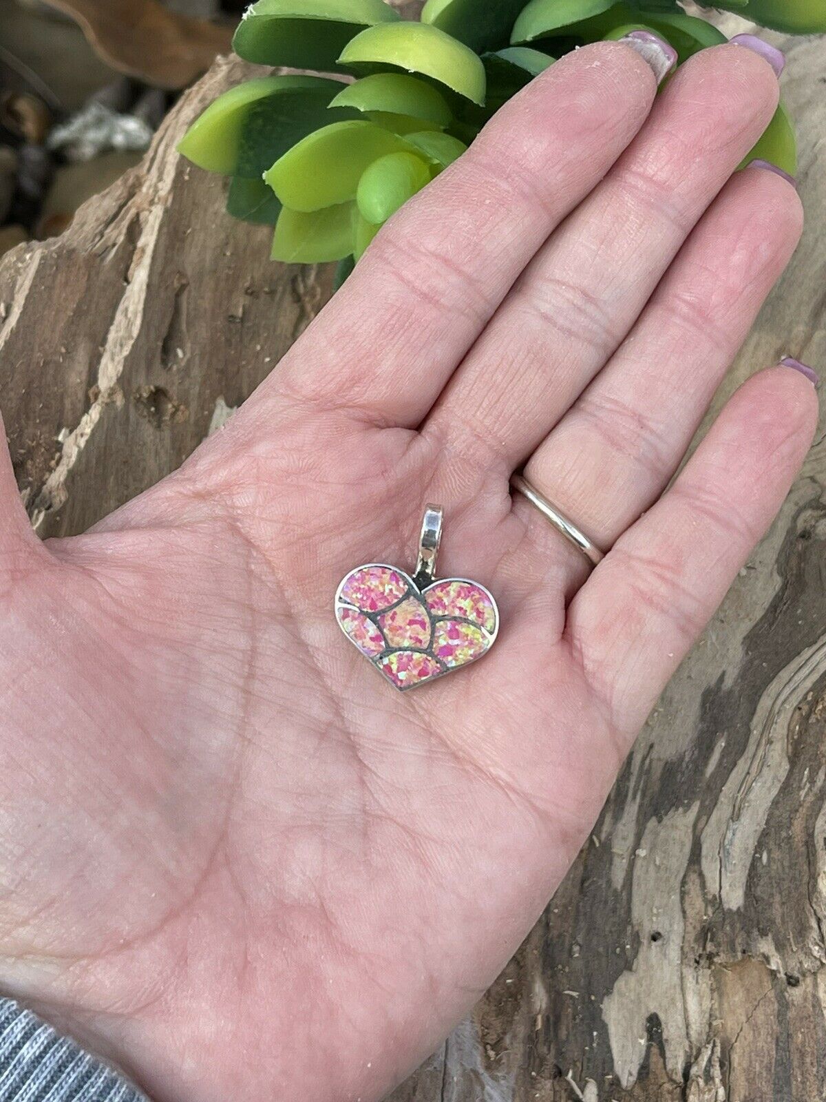 Handcrafted Iridescent Pink Opal & Sterling Silver Heart Pendant