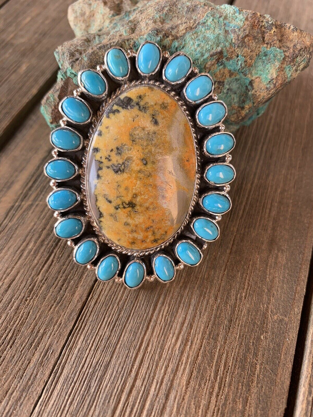 Handcrafted Sleeping Beauty Turquoise & Bumble Bee Statement Ring Size 7.25