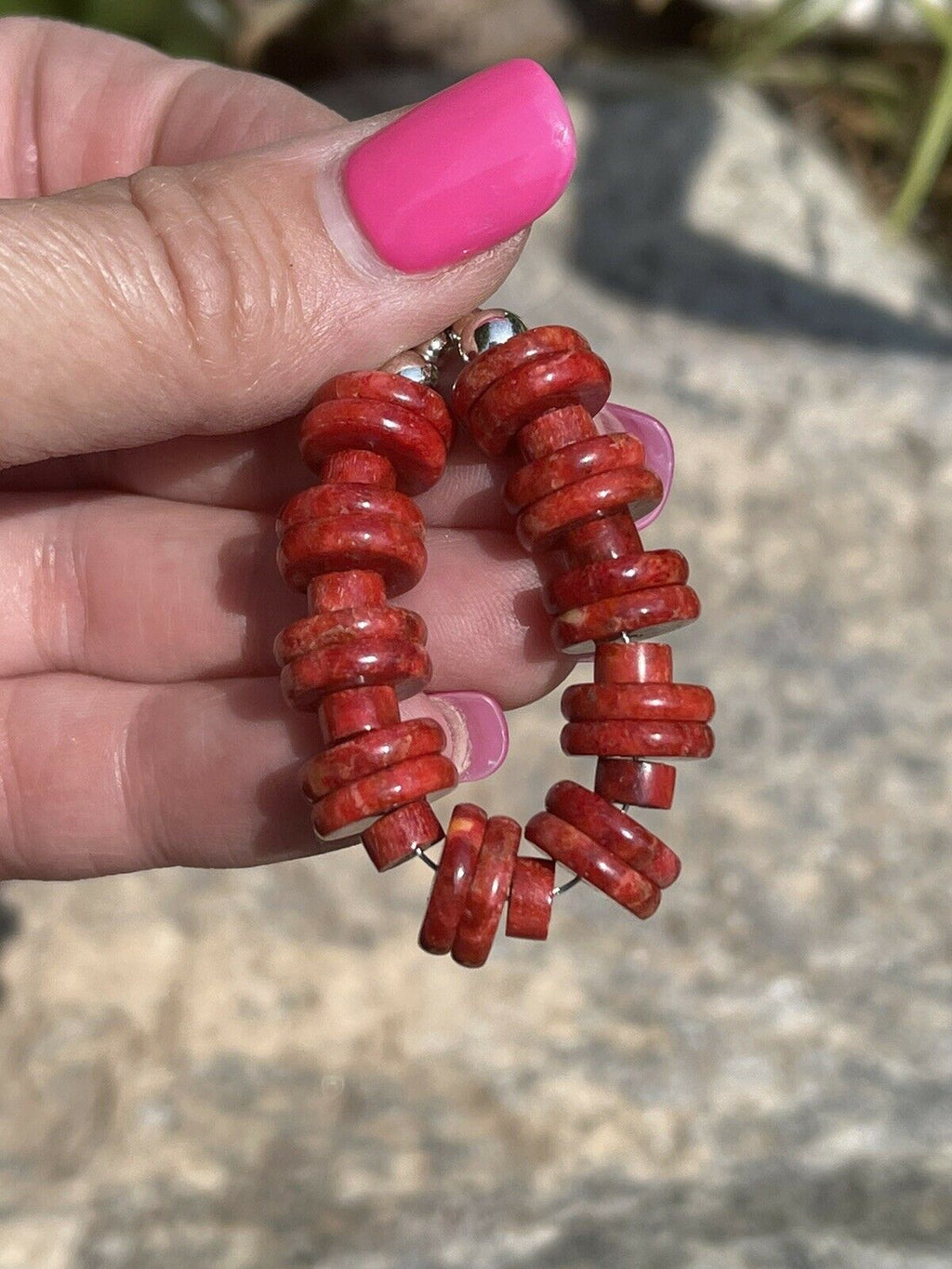 Handcrafted Sterling Silver Double Bead Apple Coral Dangle Hoop Earrings