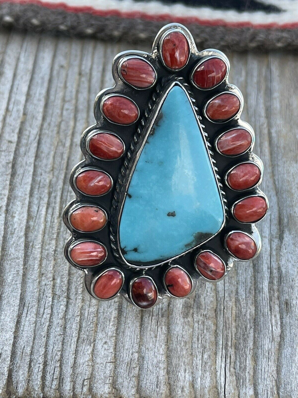 Handcrafted Cluster Fox Turquoise Spiny Sterling Silver Ring Sz Is Adjustable