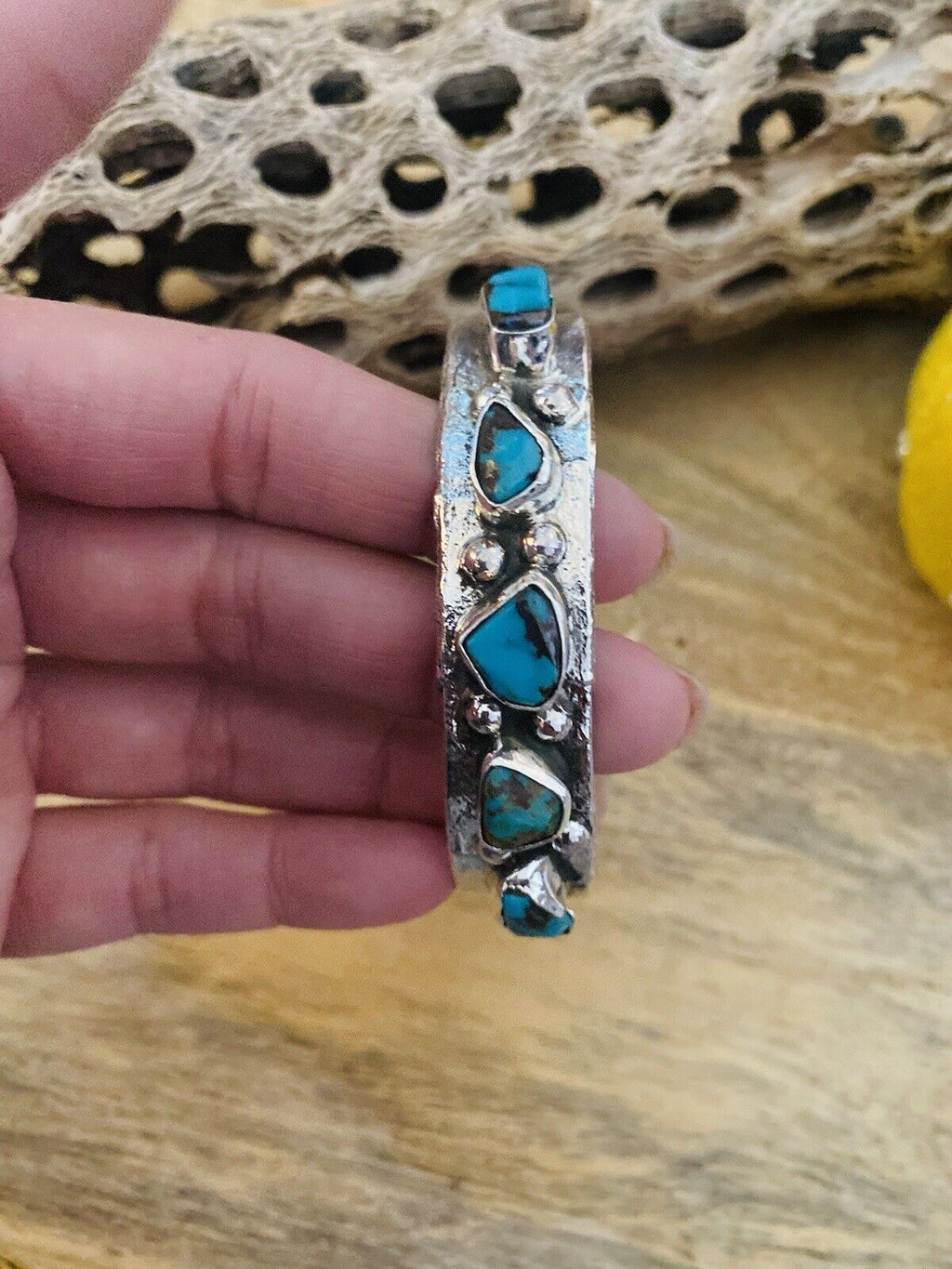 Handcrafted Turquoise & Sterling Silver Cuff Bracelet Signed NF