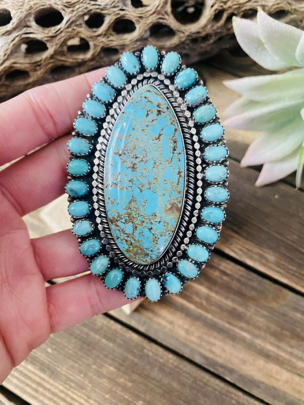 Handcrafted Number 8 Turquoise & Sterling Silver Statement Ring Size 10 Signed