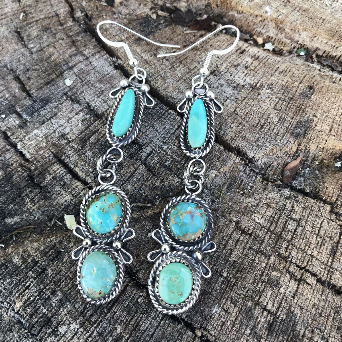 Handcrafted Mixed Turquoise & Sterling Silver Dangles Signed