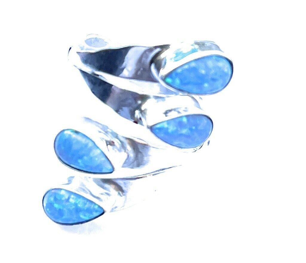 Handcrafted Sterling Silver Bright Blue Opal Adjustable 4 Stone Ring
