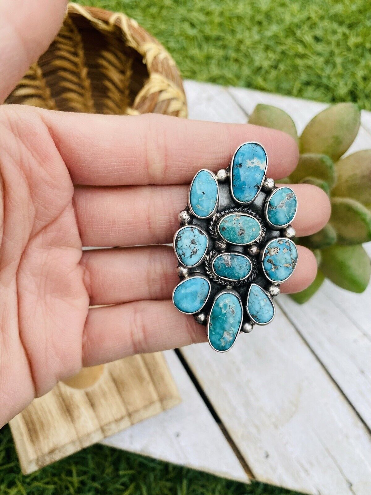 Handcrafted Turquoise & Sterling Silver Cluster Adjustable Ring