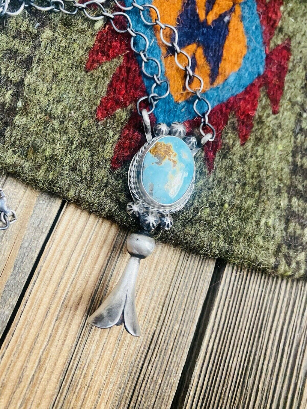 Handcrafted Sterling Silver & Royston Turquoise Blossom Necklace Signed