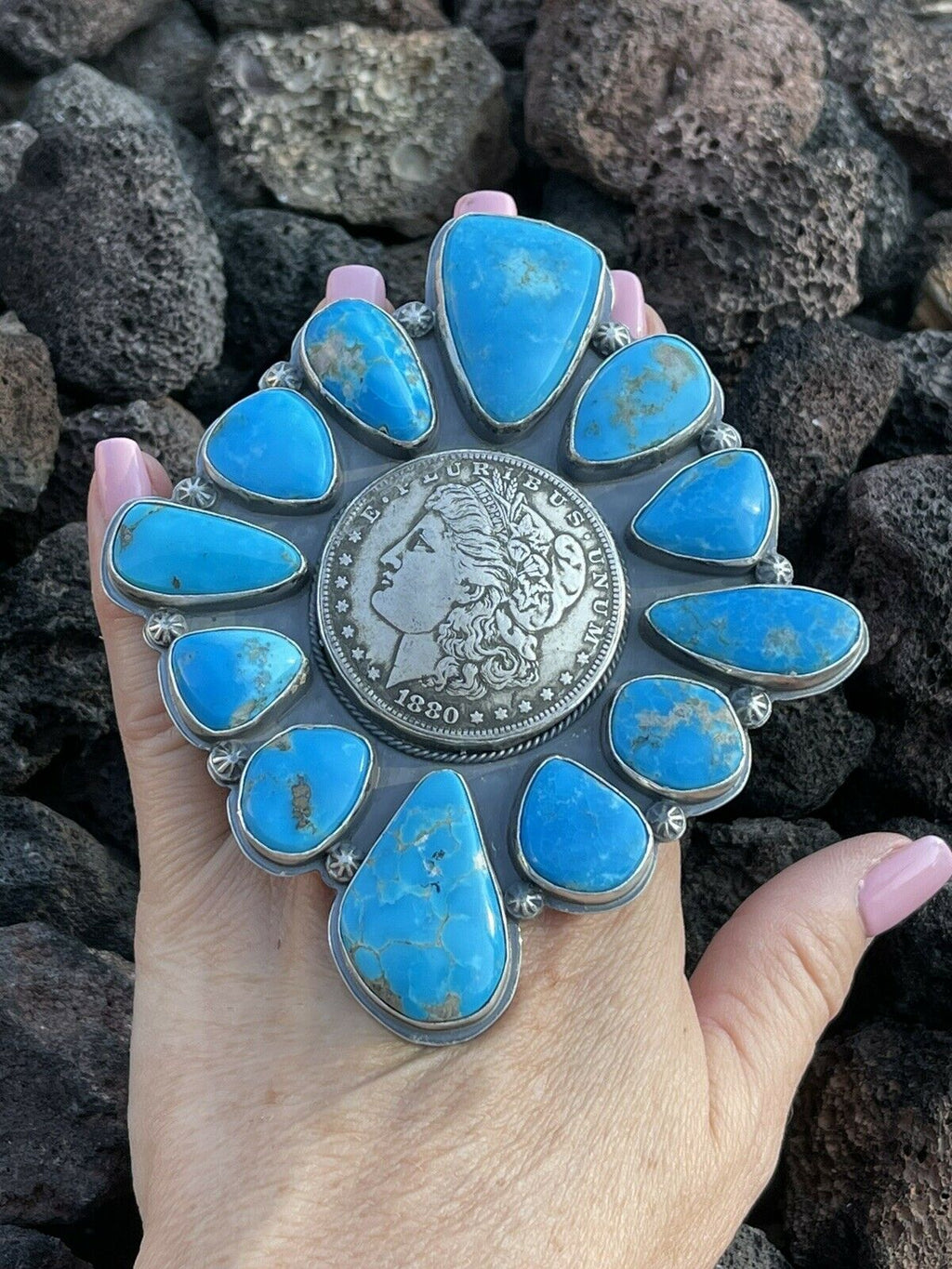 Handcrafted Sterling Silver Coin & Kingman Turquoise Adjustable Ring