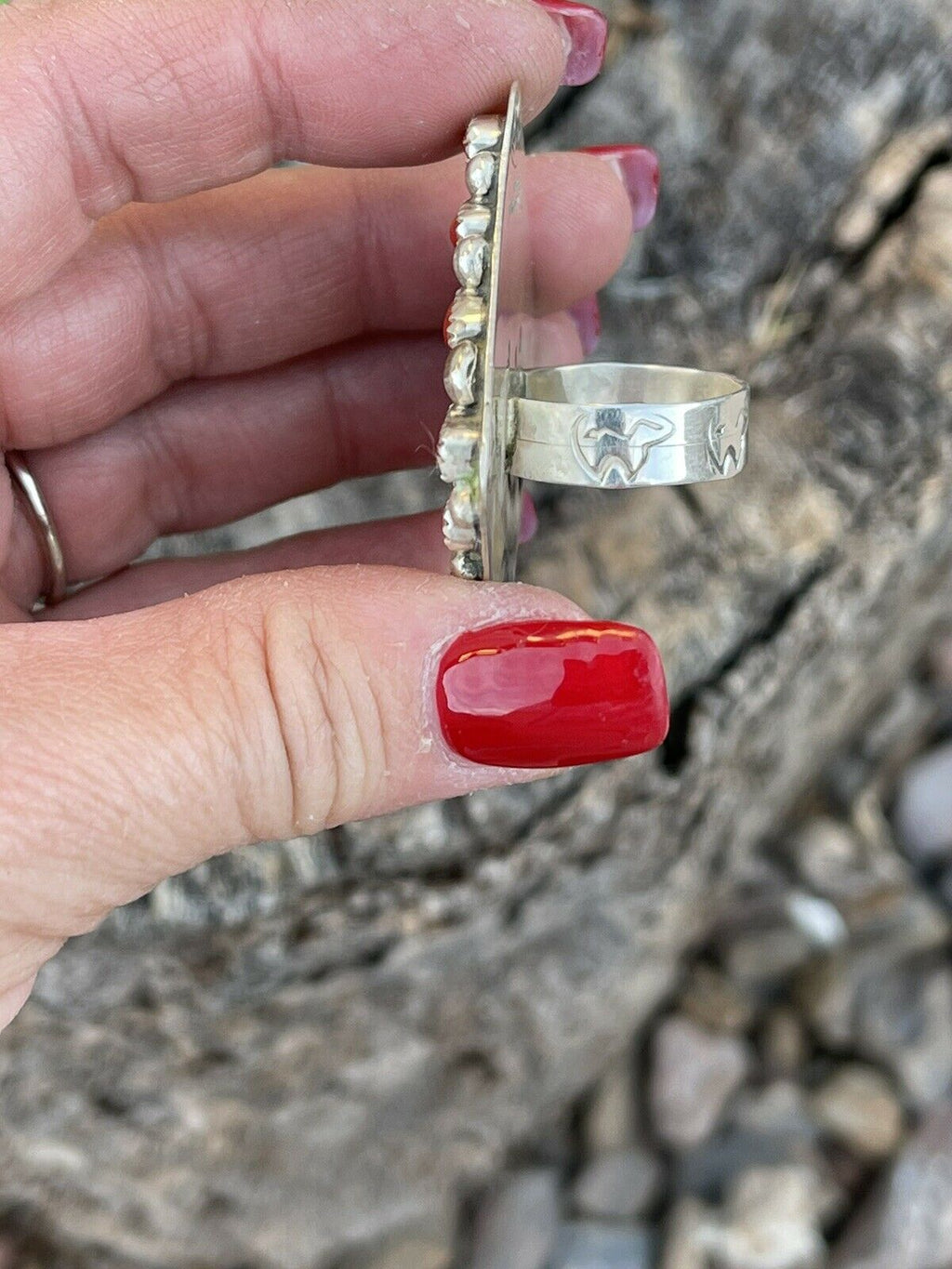 Handcrafted Sterling Silver Square Platform Red Coral Ring Sz 8