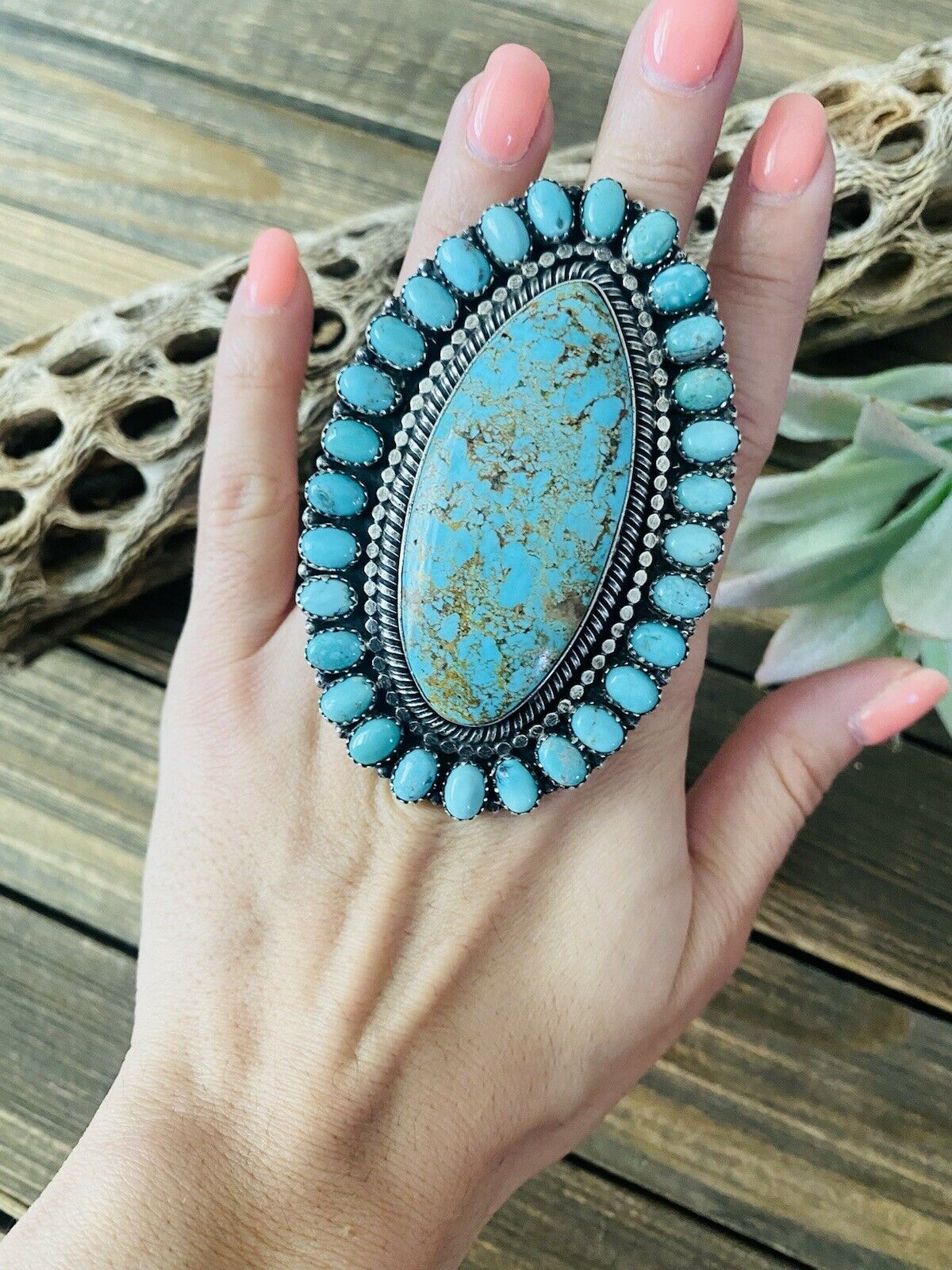 Handcrafted Number 8 Turquoise & Sterling Silver Statement Ring Size 10 Signed