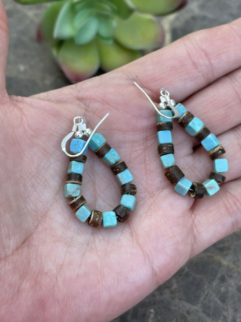 Handcrafted Turquoise & Jasper Sterling Silver Beaded Dangle Hoop Earrings