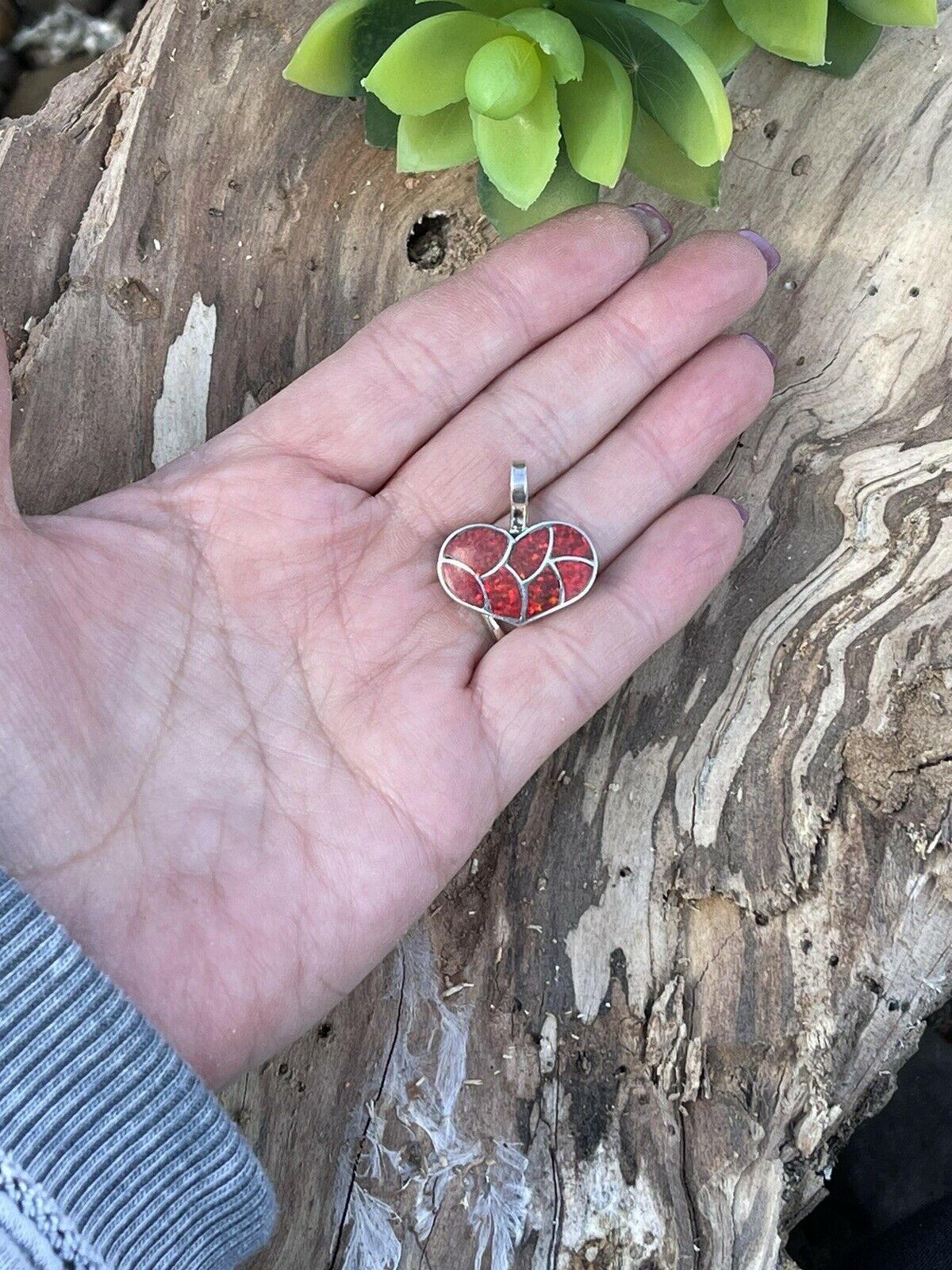 Handcrafted Iridescent Red Opal & Sterling Silver Heart Pendant