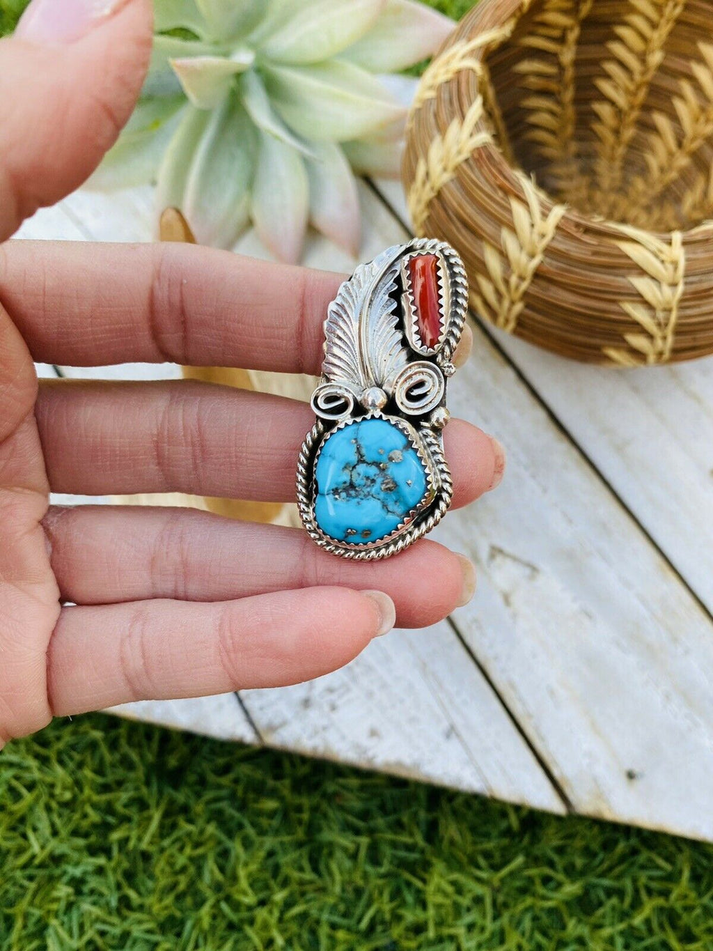 Handcrafted Turquoise, Coral & Sterling Silver Ring Size 5