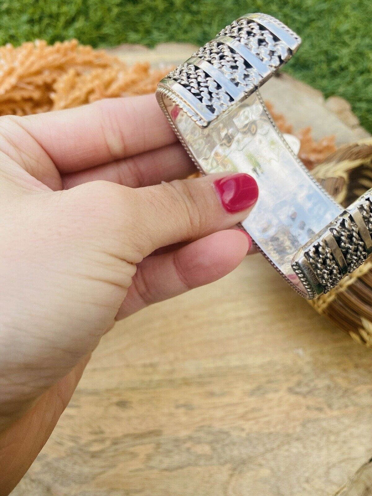 Handcrafted & Hand Stamped Sterling Silver & Royston Turquoise Cuff Bracelet Signed