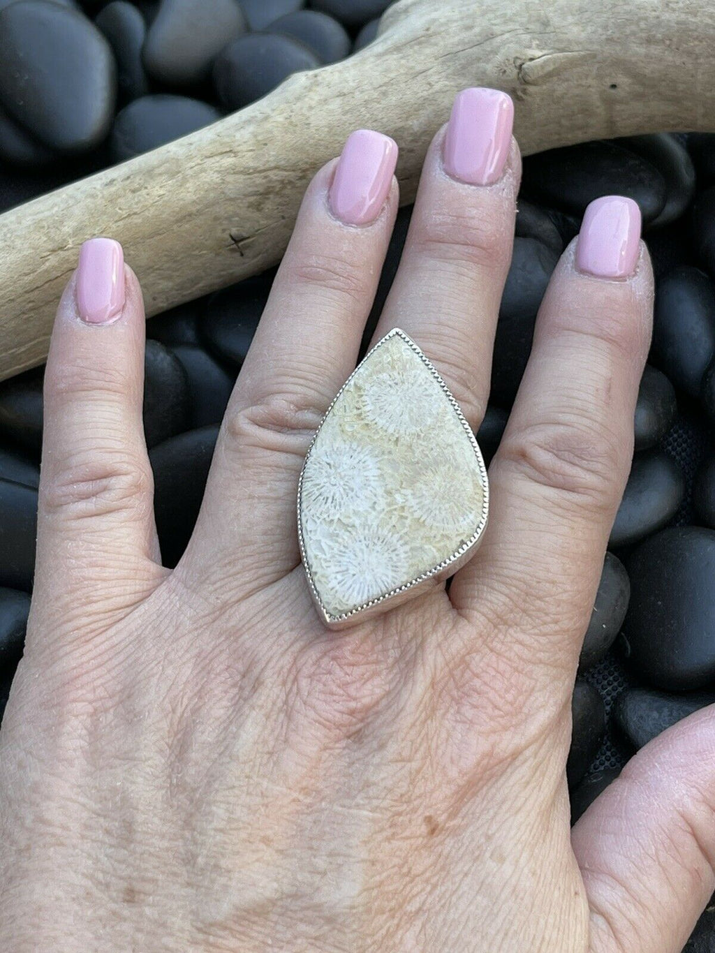 Handcrafted Fossilized Coral & Sterling Silver Adjustable Ring Signed