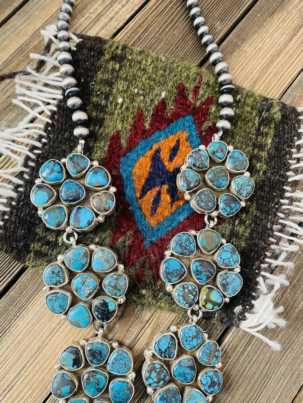 Handcrafted Natural Kingman & Sterling Silver Cluster Necklace
