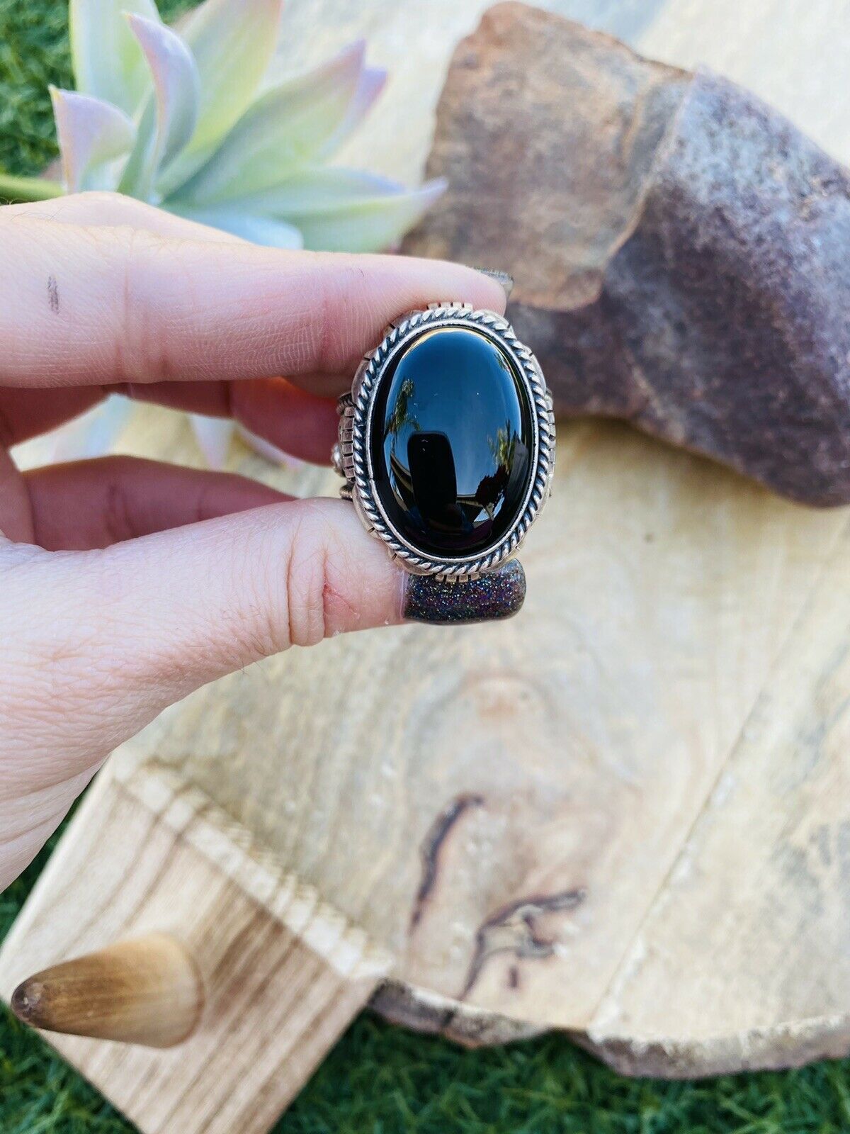 Handcrafted Sterling Silver & Black Onyx Ring Size 13.5 Signed