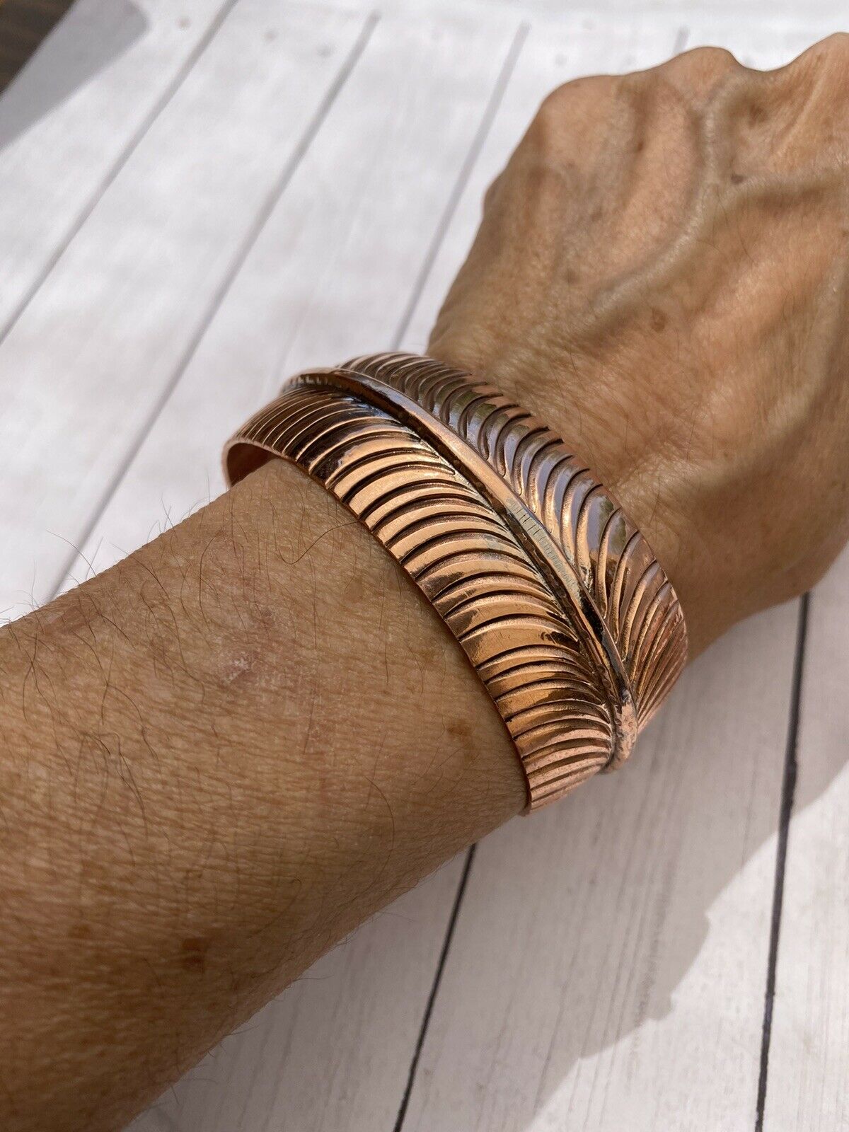 Handcrafted Copper Hand Stamped  Feather Bracelet Cuff