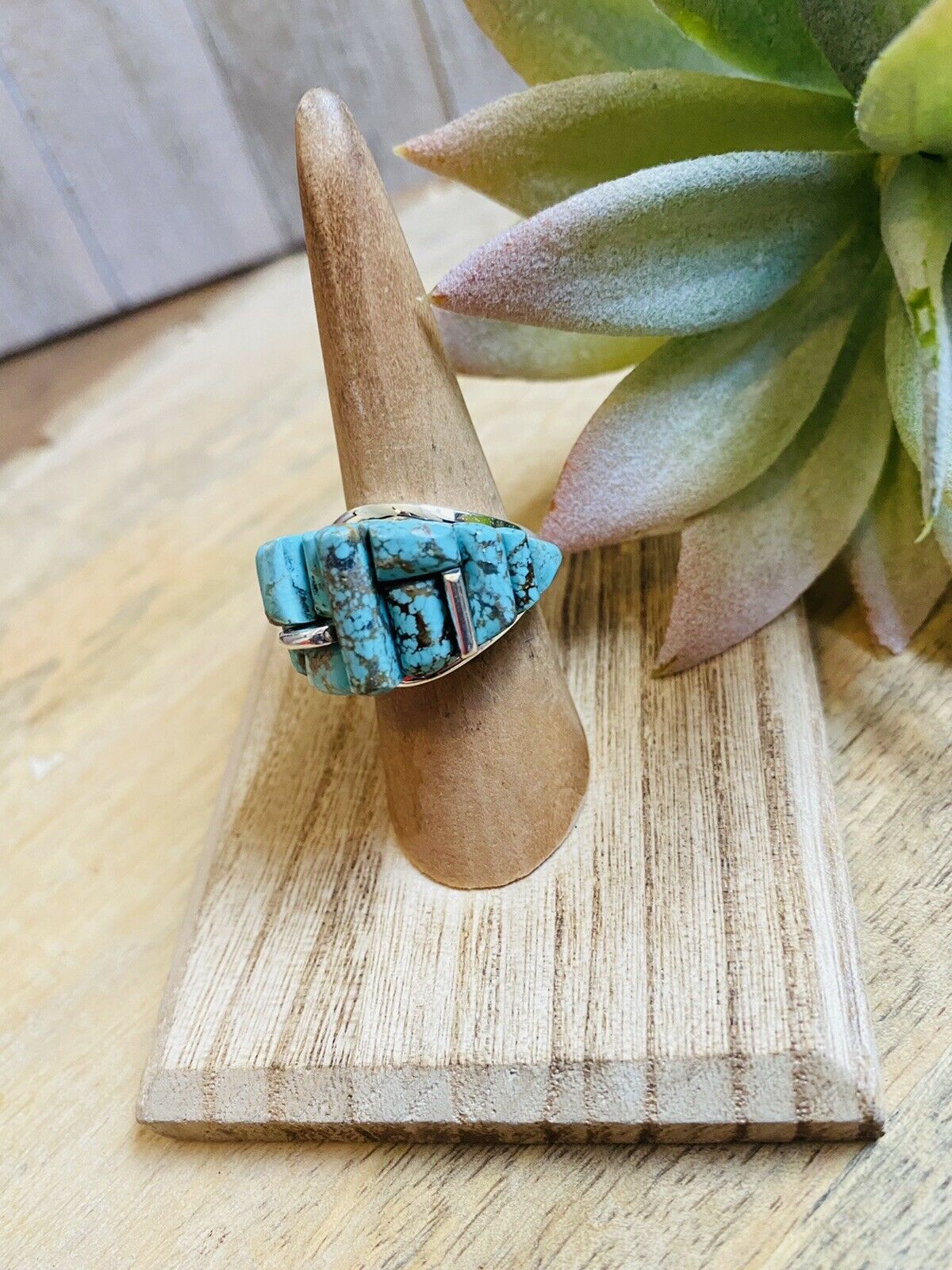 Handcrafted Turquoise & Sterling Silver High Rise Inlay Ring