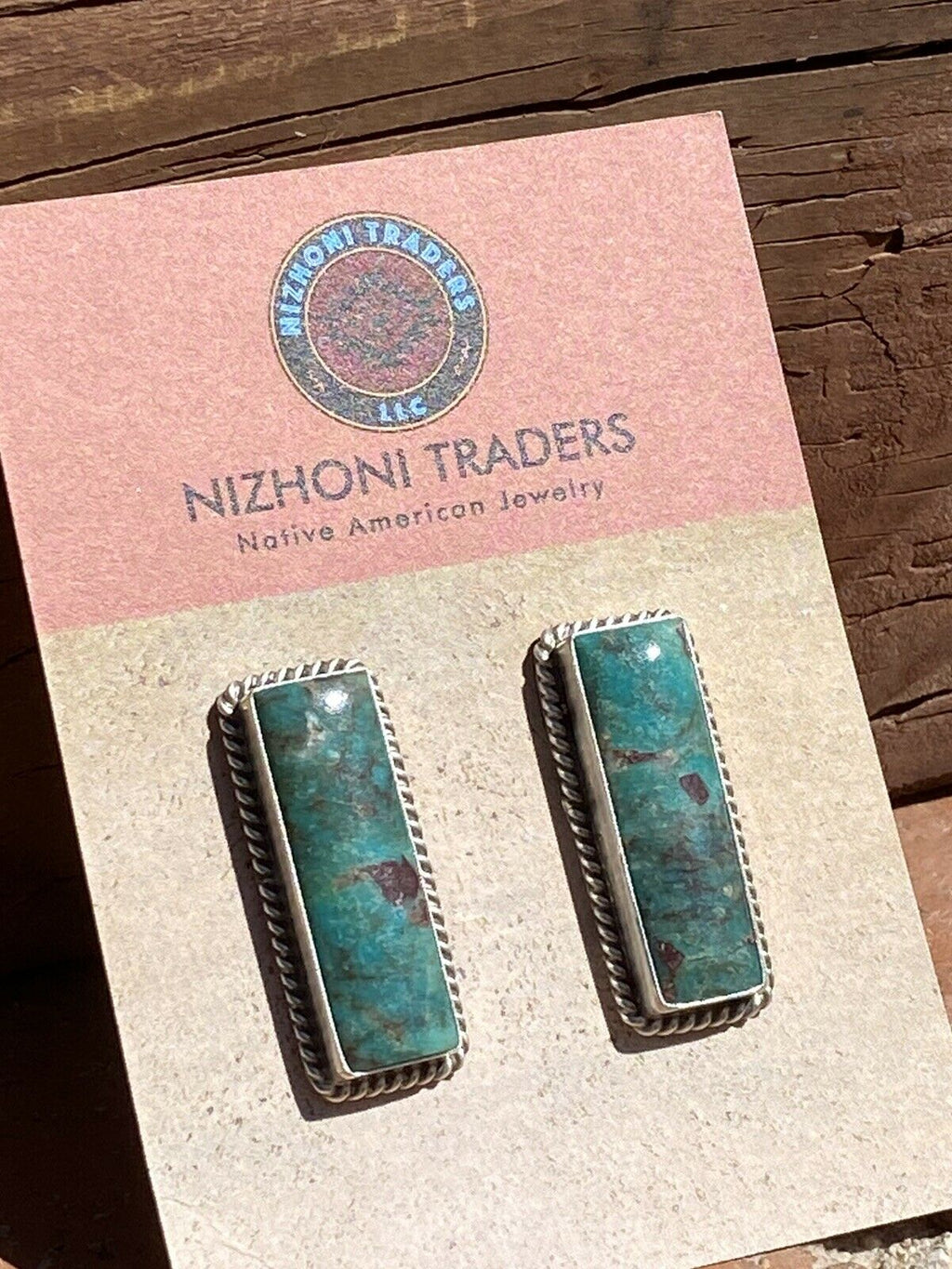 Handcrafted Sterling & Turquoise Rectangle Stud Post Earrings Signed