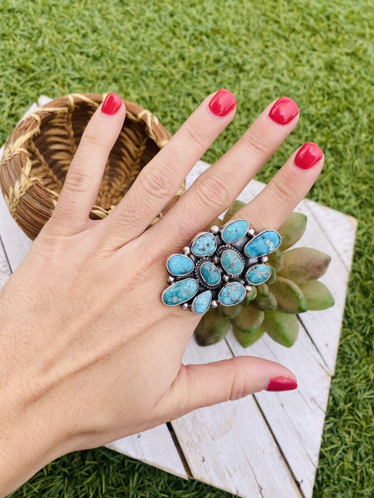 Handcrafted Turquoise & Sterling Silver Cluster Adjustable Ring