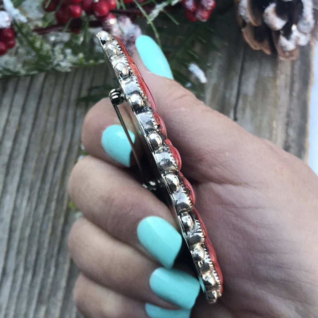Handcrafted Jumbo Sterling Silver  Natural Red Coral Cluster Pendant/pin Signed