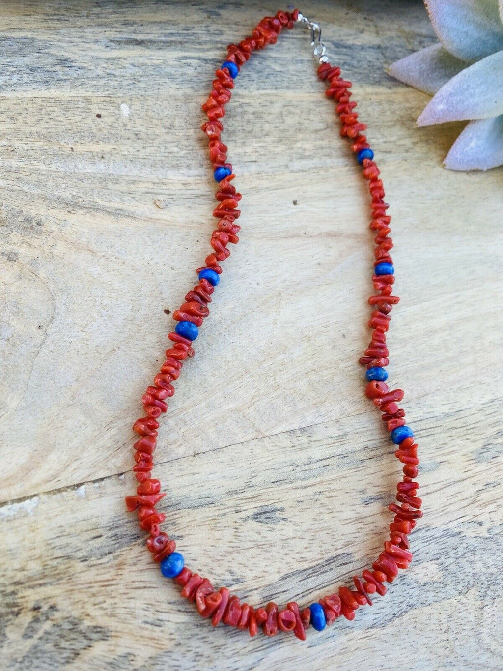 Handcrafted Apple Coral & Lapis Beaded Necklace 16"