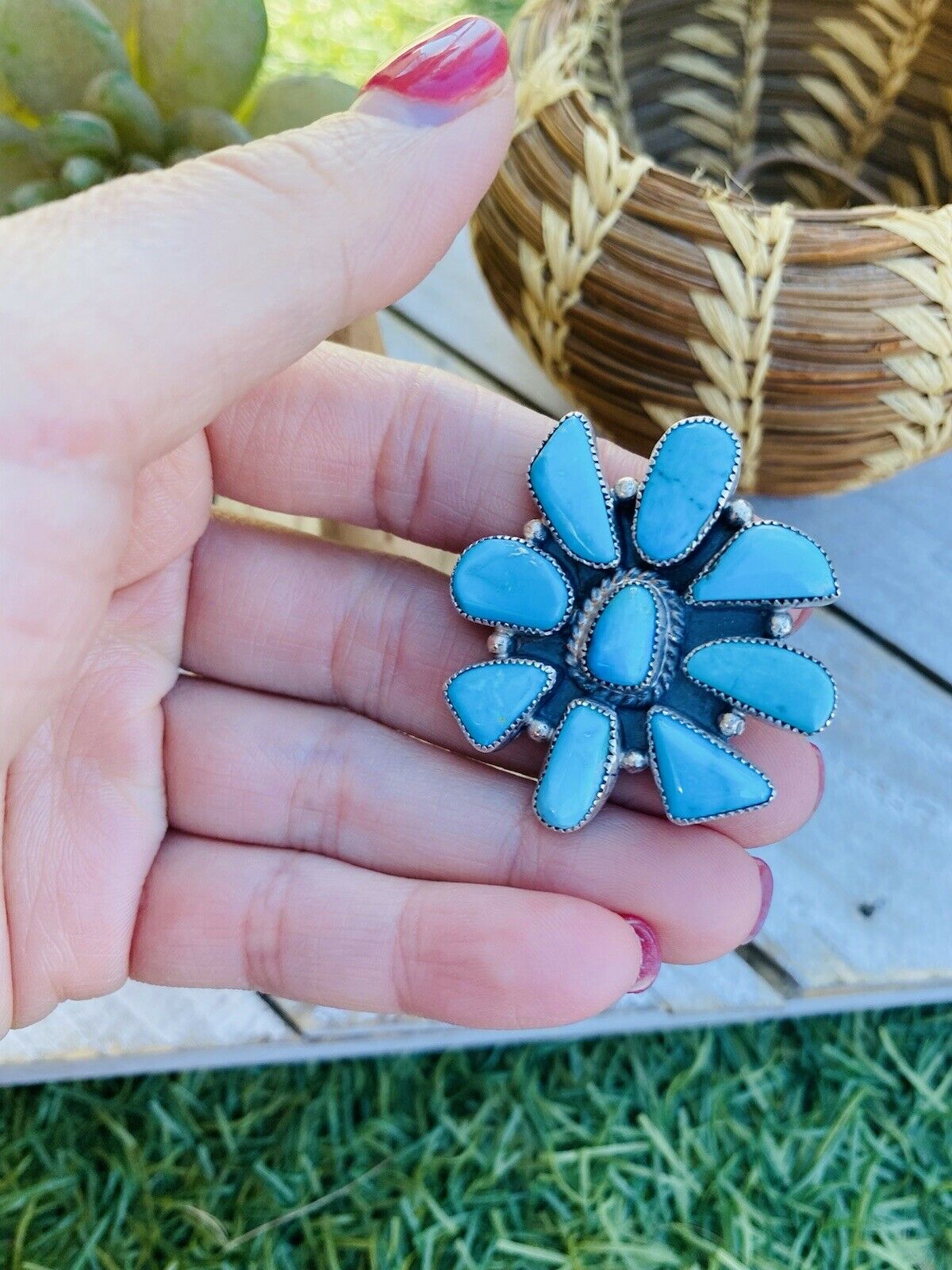 Handcrafted Turquoise & Sterling Silver Cluster Ring Size 7