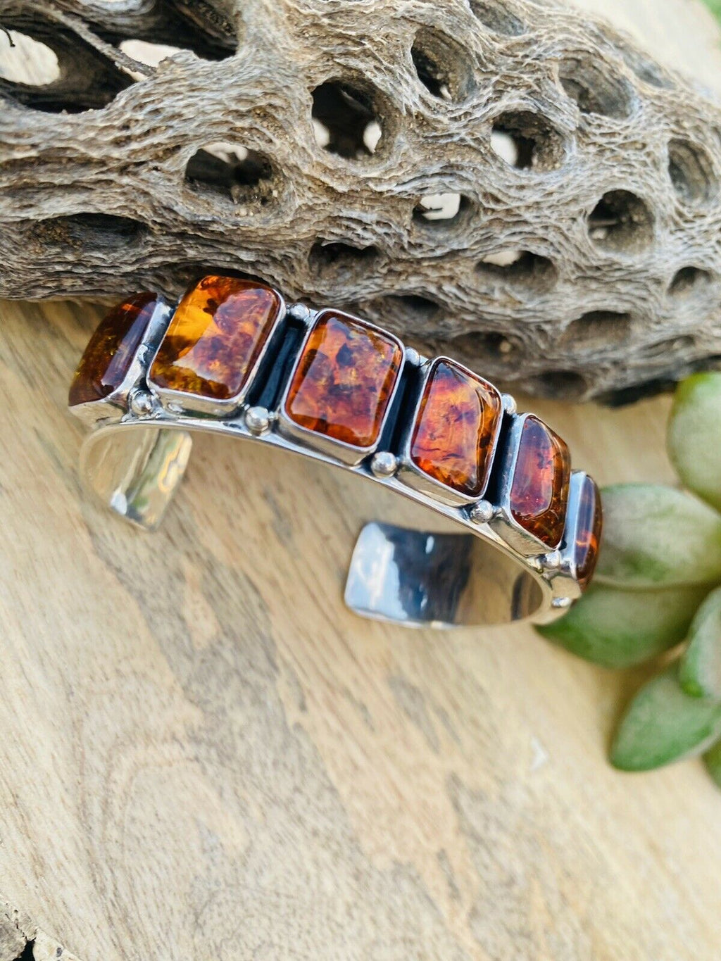 Handcrafted Sterling Silver Topaz Cuff Bracelet Signed