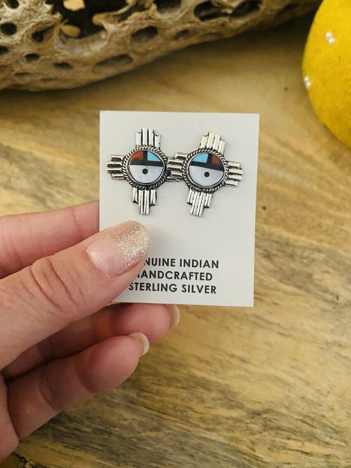 Handcrafted Sun Face Multi Stone And Sterling Cross Stud Earrings