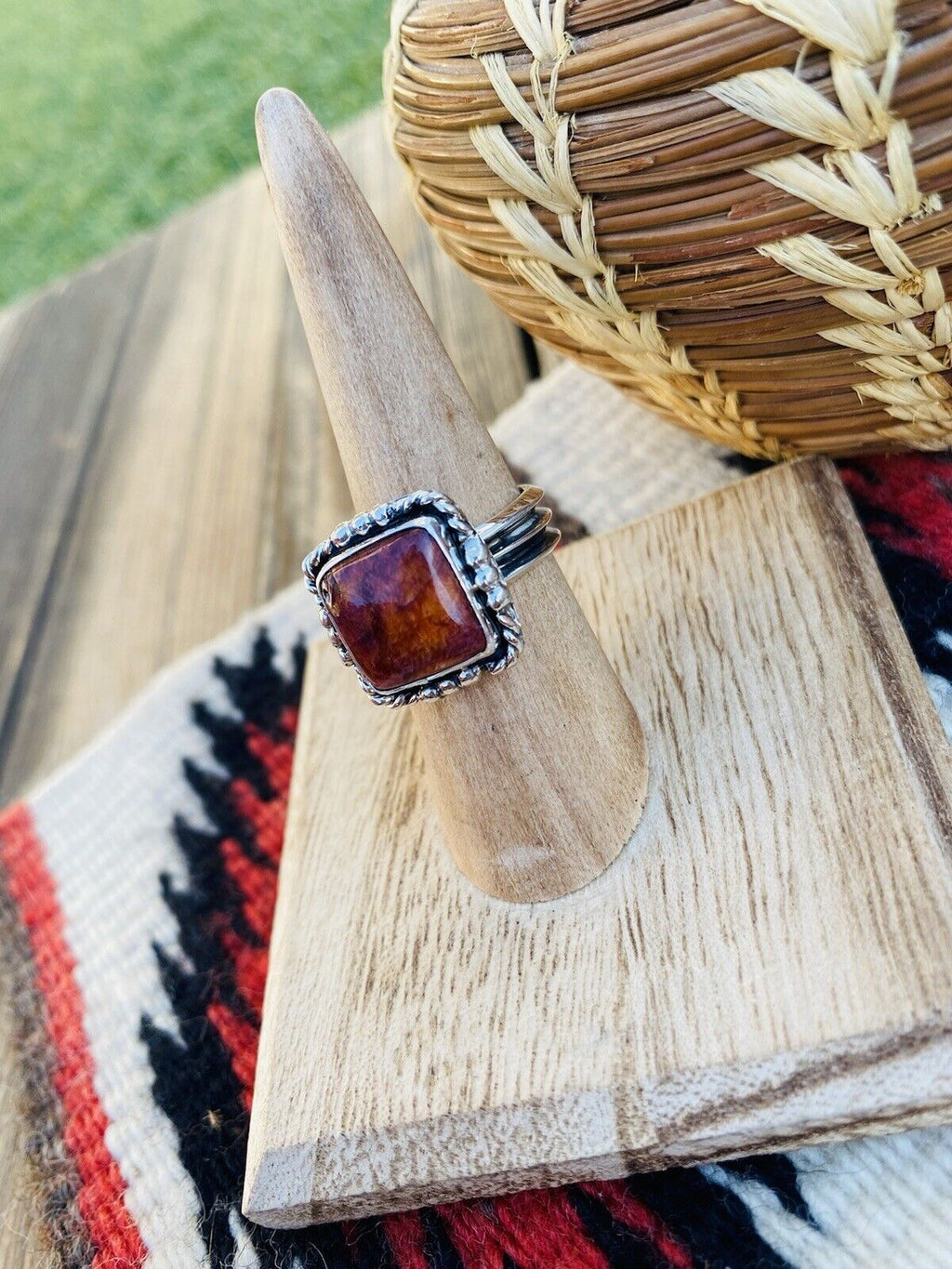 Handcrafted Sterling Silver & Orange Spiny Ring Size 6