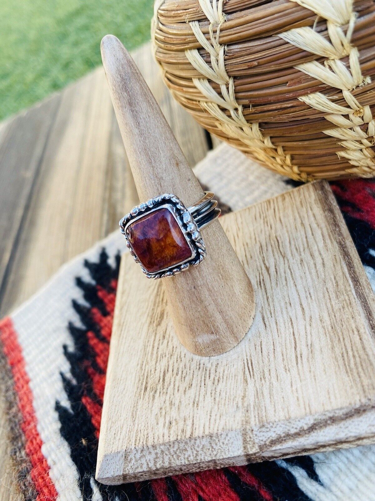Handcrafted Sterling Silver & Orange Spiny Ring Size 6